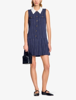SANDRO: Striped Removable-Collar Woven Mini Dress