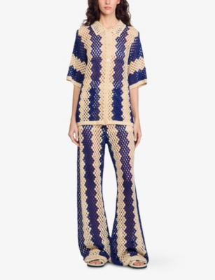 Sandro Palmas Striped Open-knit Cardigan In Bleus