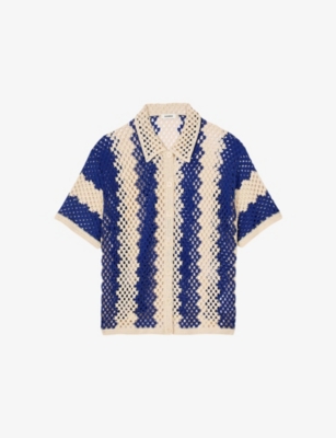 SANDRO: Striped Short-Sleeve Open-Knit Cotton-Blend Shirt