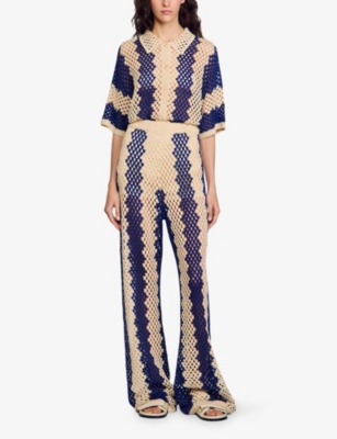SANDRO: Two-Tone Open-Knit Cotton-Blend Trousers