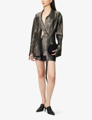 Grace Ling Womens  Oversized Crinkled Claw Loop Woven Shirt In Grey