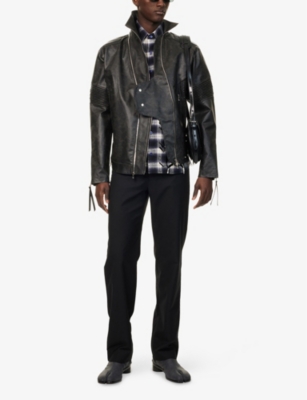 JUNTAE KIM: Asymmetrical-Neck Zip-Up Leather Jacket