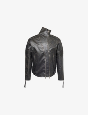 JUNTAE KIM: Asymmetrical-Neck Zip-Up Leather Jacket