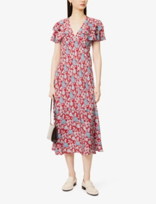POLO RALPH LAUREN WOMENS RETRO GARDEN FLOWER-PRINT RUFFLED-SHORT-SLEEVES SILK MIDI DRESS 