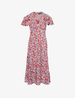 Shop Polo Ralph Lauren Womens Retro Garden Flower-print Ruffled-short-sleeves Silk Midi Dress
