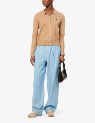 POLO RALPH LAUREN: Pointed-collar embroidered-logo cotton-blend knit cardigan
