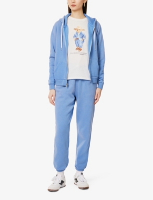 POLO RALPH LAUREN WOMENS POND BLUE BRAND-EMBROIDERY TAPERED-LEG COTTON-JERSEY JOGGING BOTTOMS 