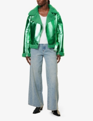 Amy Lynn Womens Otto Metallic-faux-leather Relaxed-fit Jacket Green In Green
