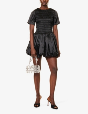 Amy Lynn Elenor Shirred Short Sleeve Puffball Ultra Mini Dress In Black