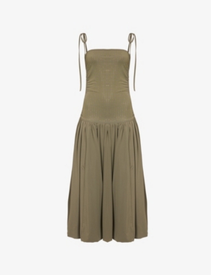 Amy Lynn Womens Alexa Rhinestone-embellishment Stretch-woven Midi Dress Khaki In Khaki