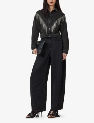 Shop Allsaints Womens Black Marlene Embellished-tassel Short Denim Jacket