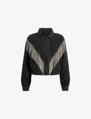 Allsaints Womens  Marlene Embellished-tassel Short Denim Jacket