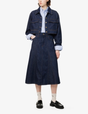 DONNA IDA: Autumn Flared Denim Midi Skirt
