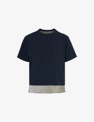 Shop Sacai Womens Navy Taupe Patch-pocket Short-sleeve Cotton-satin Twill T-shirt