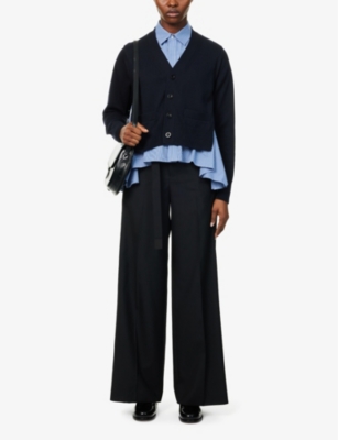 Shop Sacai Womens  Striped Asymmetric-hem Cotton-blend Cardigan In Navy Blue Stripe