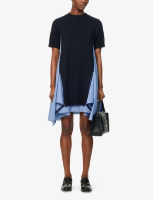 Shop Sacai Womens Navy Blue Stripe Striped Contrast-knit Cotton-blend Midi Dress