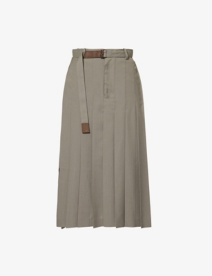 SACAI: Box-Pleat Split-Hem Woven Midi Skirt