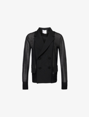 Shop Sacai Womens Black Double-breasted Sheer-knit Cotton-blend Blazer
