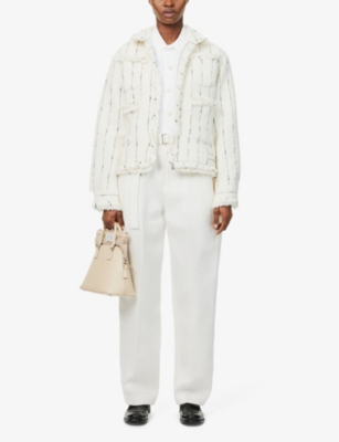 Shop Sacai Womens Tweed Striped Regular-fit Woven-blend Jacket Off White Xl