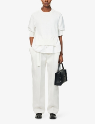 SACAI: Knitted-Panel Short-Puffed-Sleeves Denim-Blend Jumper