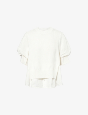 SACAI: Knitted-Panel Short-Puffed-Sleeves Denim-Blend Jumper