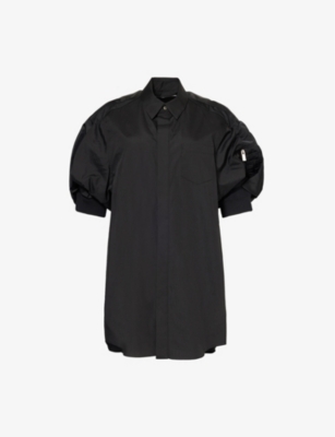 SACAI: Patch-Pocket Shell-Short-Sleeves Woven-Blend Mini Dress