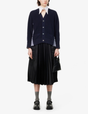 Sacai Womens Navy Navy Stripe Striped Knitted-panels Cotton-poplin Cardigan In Navy Navy Stripe