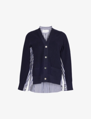 SACAI: Striped Knitted-Panels Cotton-Poplin Cardigan