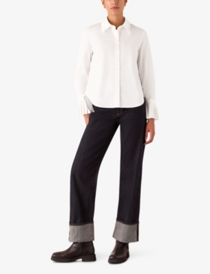 WHISTLES WOMENS WHITE MARCY PLEATED-CUFF COTTON SHIRT 
