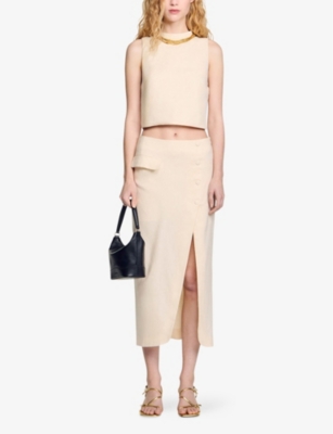 Sandro Womens Sleeveless Cropped Linen-blend Top Naturels In Naturels