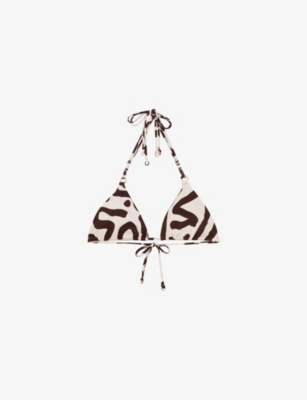 Reiss Womens Wynee Graphic-print Tie-up Stretch-woven Bikini Top Chocolate Cream In Multi
