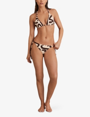 Reiss Womens Wynee Graphic-print Fixed-side Stretch-woven Bikini Bottoms Chocolate Cream In Multi
