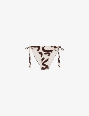 Reiss Womens Wynee Graphic-print Fixed-side Stretch-woven Bikini Bottoms Chocolate Cream In Multi
