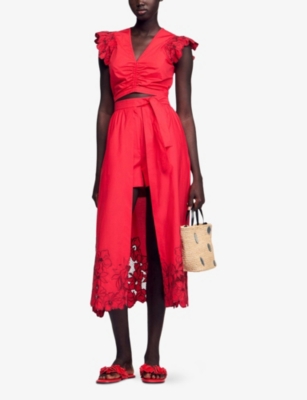 SANDRO: Tie-Waist Lace-Trim Cotton-Blend Midi Skort