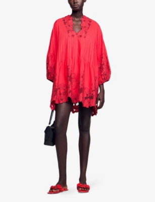 Sandro Womens Rouges Oversized Lace-trim Cotton-blend Mini Dress In Rouges
