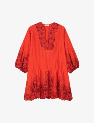 Sandro Womens Rouges Oversized Lace-trim Cotton-blend Mini Dress In Rouges