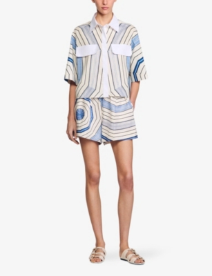SANDRO: Spiral-Motif Contrast-Collar Linen-Blend Shirt