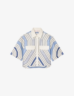 Sandro Womens Bleus Spiral-motif Contrast-collar Linen-blend Shirt