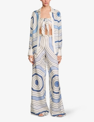 Sandro Womens Bleus Spiral-pattern Wide-leg Woven Trousers