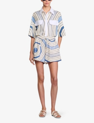 SANDRO WOMENS BLEUS SPIRAL-PRINT ELASTICATED-WAIST LINEN-BLEND SHORTS 