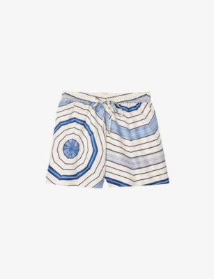 Sandro Womens Bleus Spiral-print Elasticated-waist Linen-blend Shorts