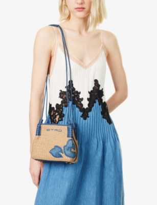 Etro Womens Libra Embroidered Mini Raffia Shoulder Bag Azzurro In Azzurro
