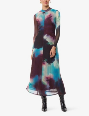 WHISTLES: Oil paint-print slim-fit stretch-mesh midi dress