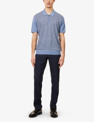 CORNELIANI MENS DARK CERUOLE BLUE STRIPE-PATTERN KNITTED LINEN AND SILK-BLEND POLO SHIRT