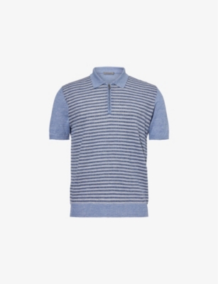 CORNELIANI: Stripe-Pattern Knitted Linen and Silk-Blend Polo Shirt