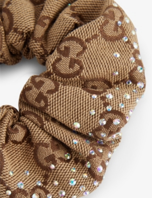 Gucci Womens Sand/light Brown Gg-monogram Crystal-embellished Canvas Hair Scrunchie In Sand/light Brown