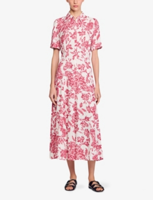 SANDRO: Floral-Print Short-Sleeve Woven Midi Dress