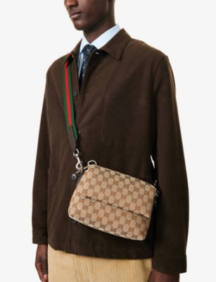Gucci Brown Shoulder Bag With All-over Gg Motif And Web Detail In Fabric Woman In Be.ebony/cocoa/vrv