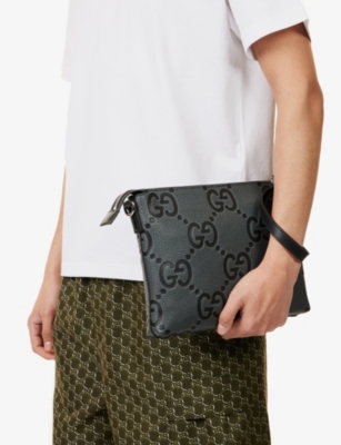 Gucci Mens  Jumbo Gg-monogram Leather Pouuch In Blk Graph.gr/blk/blk