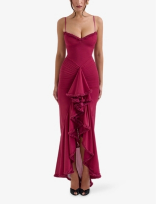 House Of Cb Womens  Gabbi Ruffle-front Mesh Maxi Dress In Beet Red